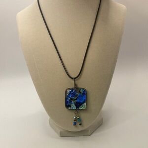 Murano Glass Venetian Reflections Rectangular Pendant on New 18”Cord Necklace